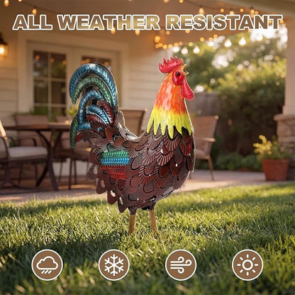Zhengmy Metal Rooster Garden Statue Lifelike Colorful Metal Rooster Yard Decor Hand-Painted Iron Chicken Sculpture for Patio Lawn Backyard Farmhouse Outdoor Indoor Decoration(Reddish Brown)