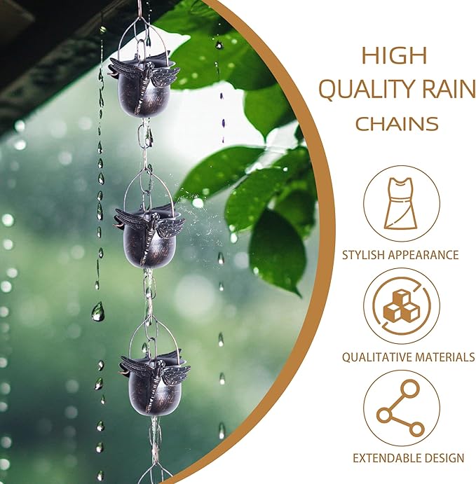TZSSP Rain Chain, Iron Rain Chains-12 Cups,8FT Gutter Rain Chain,Adjustable Rain Catcher Chain for Outdoor Garden Decor,Replacement Downspout for Gutters,Dragonfly