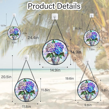 Stained Glass Window Hanging, Blue Purple Hydrangea Flowerpot Suncatcher for Doors Home Sun Catchers Decoration and Christmas, Mother's Day Birthday Gifts for Women, Men, and Mom 7.8 in