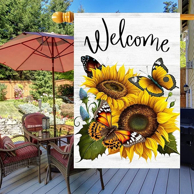Summer Sunflower Butterfly Garden Flag 28x40 inch Double Sided Welcome Large House Flag, Outdoor Yard Flag for Porch Farmhouse Summer Decor
