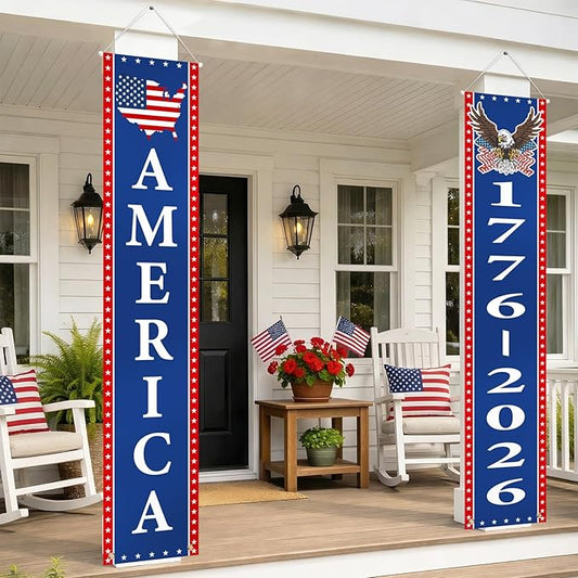 4th of July Decorations Outdoor - 250th Anniversary Decorations 2 Pack Patriotic Porch Banners for Independence Day - USA Spirit 1776-2026 US Birthday Hanging Flag Front Door Porch Signs Indoor Outdoor