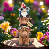 Garden Gnomes Outdoor Statue: 11'' Highland Cow Decor with Welcome Sign Funny Triple Yard Decorations with Solar Light Unique Birthday Gifts for Women Mother Grandma