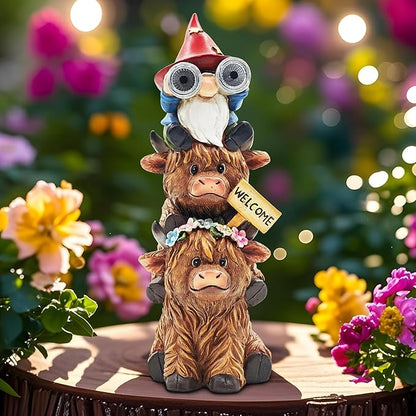 Garden Gnomes Outdoor Statue: 11'' Highland Cow Decor with Welcome Sign Funny Triple Yard Decorations with Solar Light Unique Birthday Gifts for Women Mother Grandma
