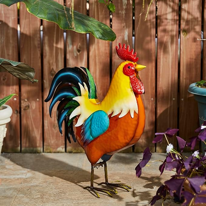 Glitzhome 21" Metal Vibrant Rooster Yard Decor, Outdoor Garden Statues, Vivid Chicken Sculptures for Backyard Kitchen Lawn Porch Farm Decor