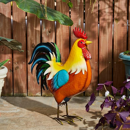 Glitzhome 21" Metal Vibrant Rooster Yard Decor, Outdoor Garden Statues, Vivid Chicken Sculptures for Backyard Kitchen Lawn Porch Farm Decor
