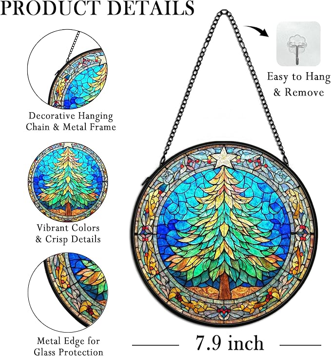 Christmas Tree Suncatcher Stained Glass Window Hanging Decor, Winter Xmas Tree Stained Glass Wall Decor, Christmas Garden Sun Catchers Indoor Window Hanging Wall Art Lawn, 7.9x7.9 Inch