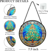 Christmas Tree Suncatcher Stained Glass Window Hanging Decor, Winter Xmas Tree Stained Glass Wall Decor, Christmas Garden Sun Catchers Indoor Window Hanging Wall Art Lawn, 7.9x7.9 Inch