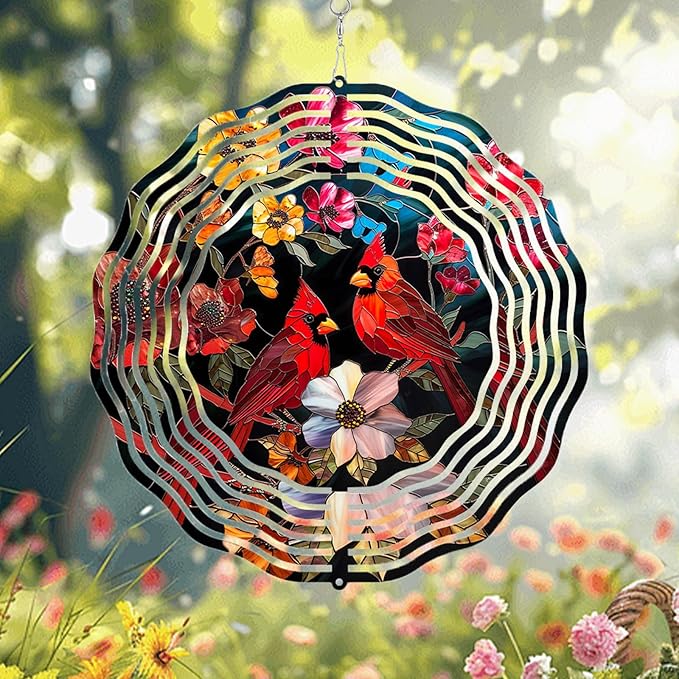 Cardinal Wind Spinner, Red Bird Wind Chimes for Garden Yard Decor, Outdoor Metal 3D Stainless Steel Hanging Wind Spinner 10 inch