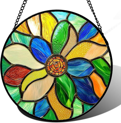 Stained Glass Window Hanging Colorful Flowers Large 15" - Abstract Suncatcher Door Terrace Garden Sun Catcher Home Decor Birthday Christmas for Mom Men Woman Nana Wife