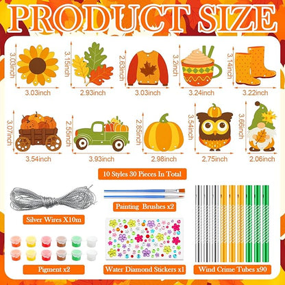 JellyArch 30 Pack Thanksgiving Day Fall Wind Chime Making Kit for Adults Make Your Own Wind Chime Harvest Maple Leaf Wooden Ornaments for DIY Activity Birthday Decoration