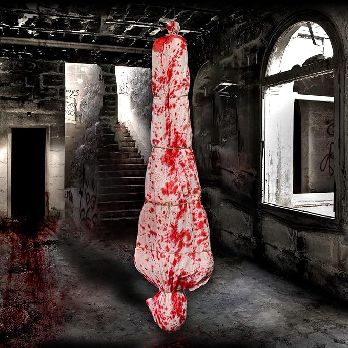 5ft Halloween Hanging Decoration, Inflatable Scary Prop with Gauze Wrap and Rope, Creepy Haunted House & Yard Decor for Outdoor Indoor Party Scenes (Assembly Needed)