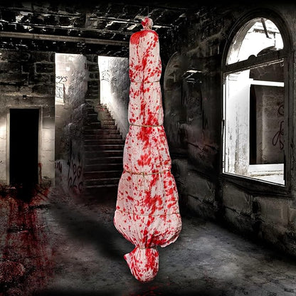5ft Halloween Hanging Decoration, Inflatable Scary Prop with Gauze Wrap and Rope, Creepy Haunted House & Yard Decor for Outdoor Indoor Party Scenes (Assembly Needed)
