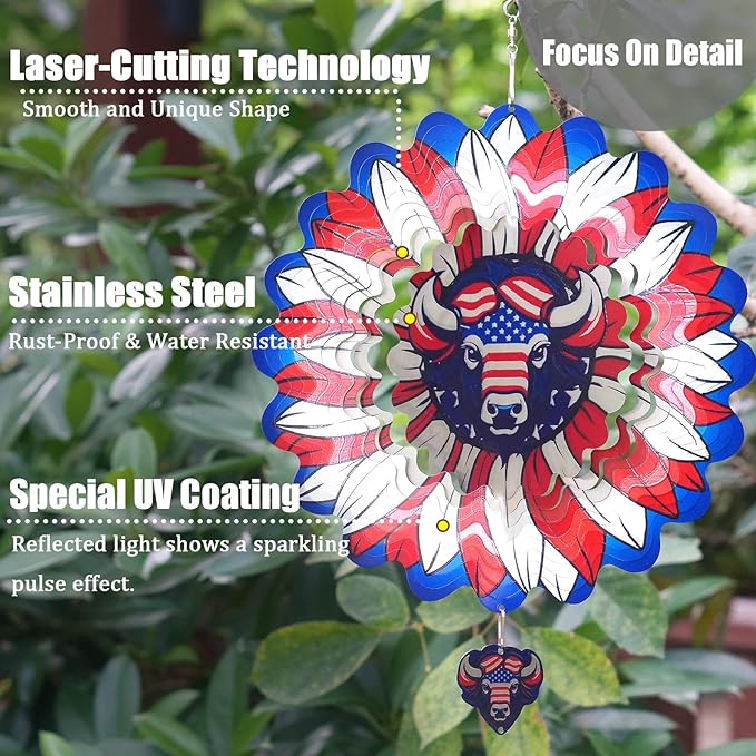 Sunflower American Flag Cow Patriotic Wind Spinners Outdoor for Yard and Garden,12 Inch 3D Stainless Steel Metal Hanging Kinetic Wind Sculpture, Independence Day Decor Indoor Art