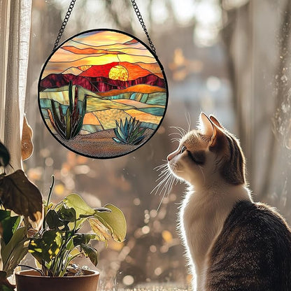 DASTOLL Stained Glass Window Hanging, Golden Landscape Dusk Sunset Suncatcher for Doors Window Home Cactus Sun Catchers Decoration Mother's Day Birthday Gifts for Women, Men, and Mom 11.8 in