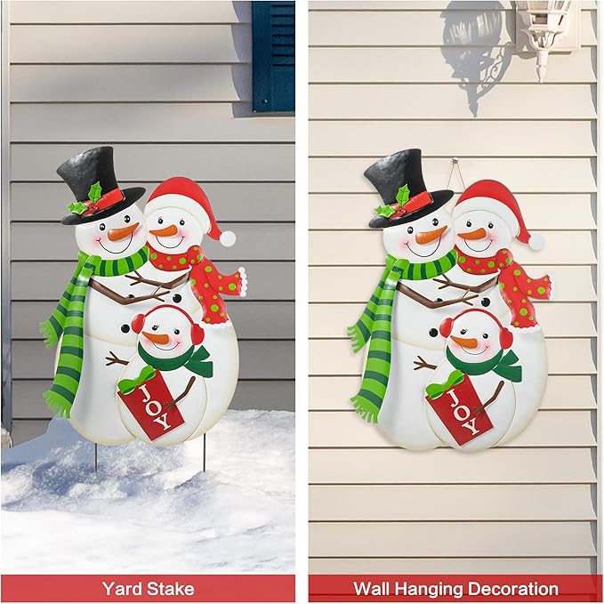 Glitzhome 30" H Metal Christmas Snowman Family Yard Sign with Stake, Xmas Decorative Standing Wall Hanging Decoration for Garden Home Lawn Pathway Walkway