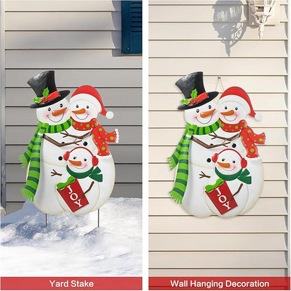 Glitzhome 30" H Metal Christmas Snowman Family Yard Sign with Stake, Xmas Decorative Standing Wall Hanging Decoration for Garden Home Lawn Pathway Walkway