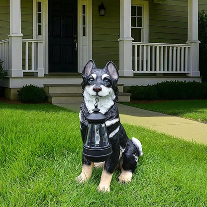 Outdoor Husky Dog Statue with Interchangeable Welcome Sign and Detachable Solar Lantern –LED Light Garden Dog Sculpture Décor Garden Statue Outdoor Dog Statue Cute Puppy for Yard Porch Gift
