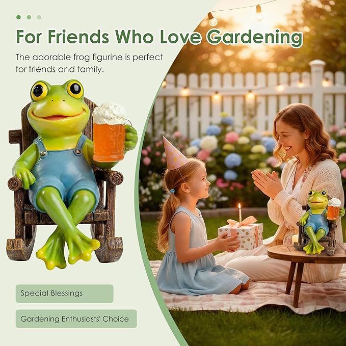 Flytime Frog Garden Decor, Outdoor Garden Statue,Frog on Rocking Chair,Suitable for Indoor and Outdoor Patios, Gardens, Flowers, and Lawns, A Whimsical Decoration(Beer)