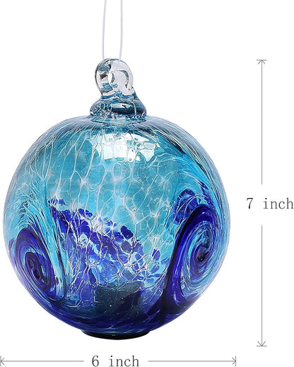 6-Inch Solar Hanging Glass Gazing Ball Outdoor Garden Décor Aqua-Blue Swirl
