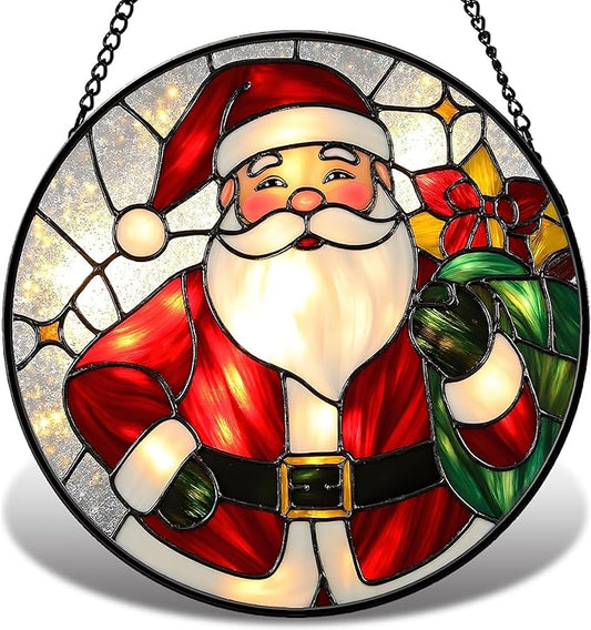 Santa Claus Stained Glass Suncather for Window Hanging, 6.3'' Christmas Ornament Gift for Women, Festive Wall Art Home Decoration Xmas Gift for Mom, Grandma (Red Santa, 6.3'')