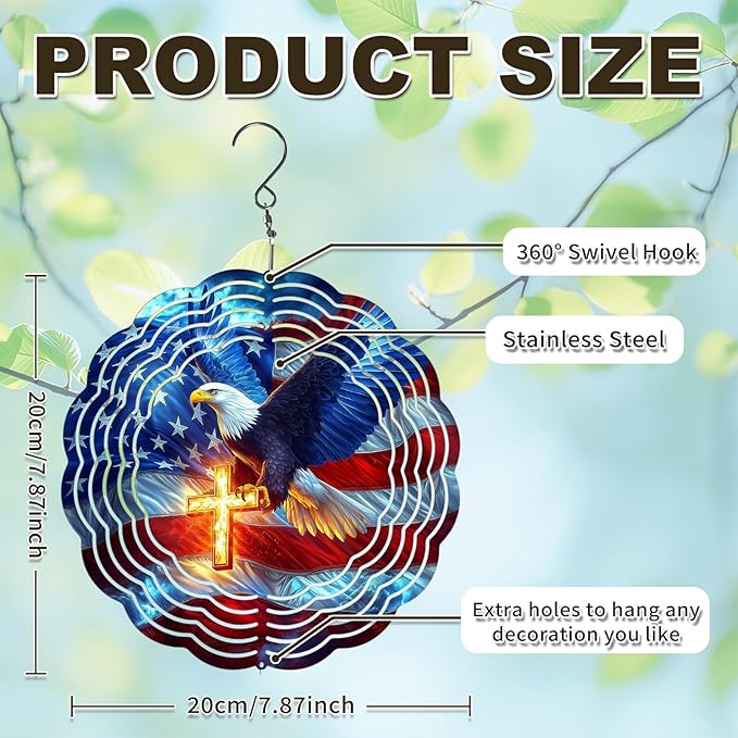 American Flag Eagle Wind Spinner Outdoor, 8 Inch 3D Metal Garden Wind Spinner, Stainless Steel Patriotic Yard Hanging Decor Gift