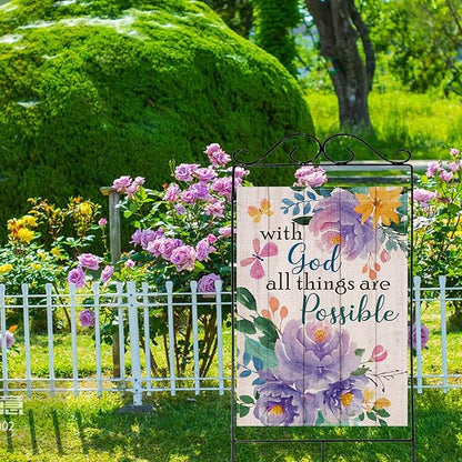 Artofy with God All Things are Possible Christian Large Decorative House Flag, Spring Summer Religious Purple Peony Flower Yard Garden Outside Decor, Inspirational Farm Outdoor Home Decoration 28 x 40