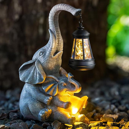 Candieslife Solar Garden Statue Lights Loving Elephants Figurine with Solar Lantern, Outdoor Yard Decorations for Patio Porch Home, Housewarming Elephant Gifts for Mom, Women