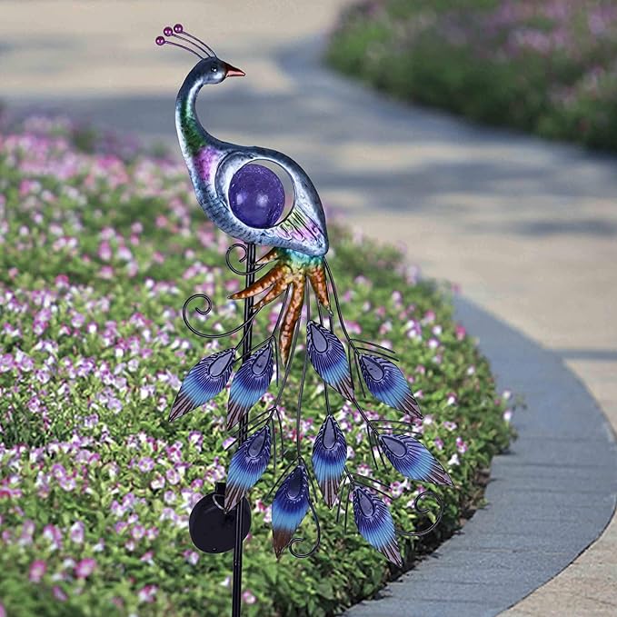 TERESA'S Collections Yard Decorations Outdoor for Garden Decor, Peacock Solar Outdoor Lights, 35.4'' Metal Lawn Ornaments for Outside with Crackle Glass Ball, Decorative Stake Gifts for Mom