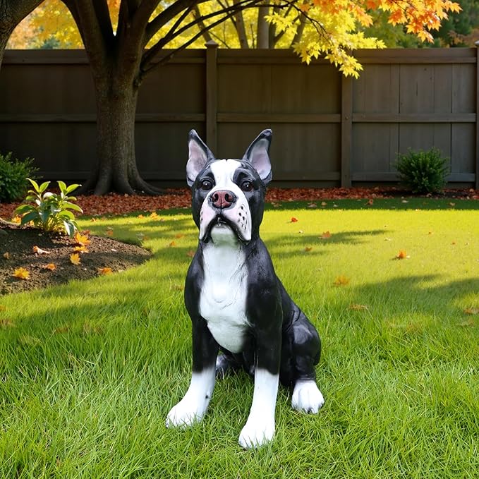 Adorable Boston Terrier Dog Sculpture with Solar Lantern & Double-Sided 'On Patrol' and 'Welcome' Signposts – Playful Outdoor Resin Statue for Garden, Yard, Patio
