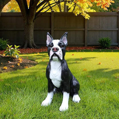 Outdoor Boston Terrier Dog Statue with Interchangeable Welcome Sign and Detachable Solar Lantern –LED Light Garden Dog Sculpture Décor, Cute Puppy Design for Yard, Porch, Gift