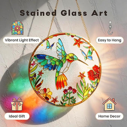LITIVY Stained Glass Suncatcher Spring Flowers & Hummingbird, 8 Inch Handmade Multi-Color Window Hanging Decor for Garden, Sun Catcher Home Decor for Women