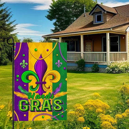 Mardi Gras Garden Flag 12x18 Inch Double Sided Fleur de Lis Yard Flags for Outside Decoration Carnival Beads New Orleans Small Flags for Garden Outdoor