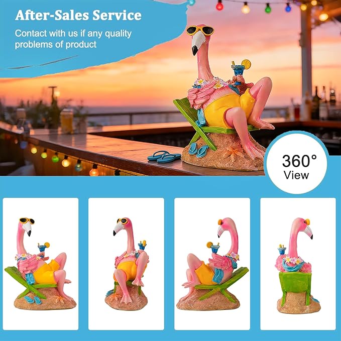 Teaeeno Pink Flamingo Figurines with Beach Chair Resin Bird Sculpture, Large Flamingo Ornaments for Coastal Home Wedding Decor, Housewarming Flamingo Gifts for Lady, Tropical Holiday Decor on Desk