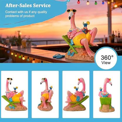 Teaeeno Pink Flamingo Figurines with Beach Chair Resin Bird Sculpture, Large Flamingo Ornaments for Coastal Home Wedding Decor, Housewarming Flamingo Gifts for Lady, Tropical Holiday Decor on Desk