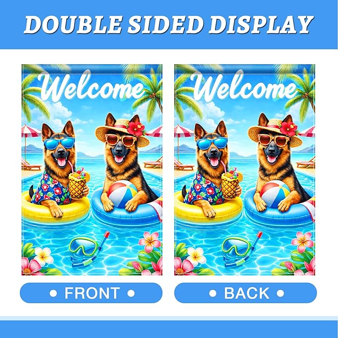 BlissYard Welcome Summer German Shepherd Garden Flag 12x18 Double Sided Vertical Outdoor Pool Dog Decor Tropical Beach Yard Lawn Patio Poolside Banner