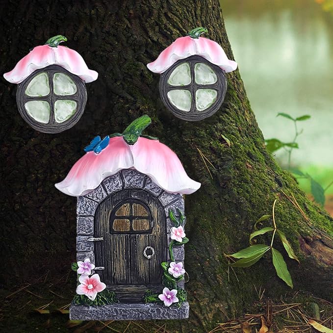 vomiceak Fairy Gnome Home for Tree Decor，Glow in Dark Fairy House Have Window and Door for Garden Decoration，Fairies Sleeping Door and Windows, Yard Art Garden Sculpture, Lawn Ornament