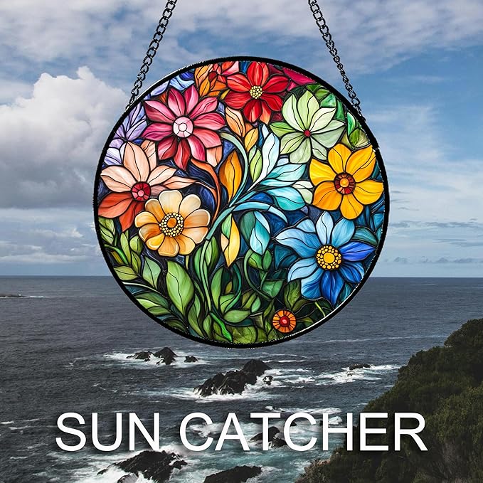 Stained Glass Window Hanging Colorful Flowers and Green Plants 9.8" - Suncatcher Door Garden Sun Catcher Home Decor Birthday Christmas for Mom Men Woman Nana Friend