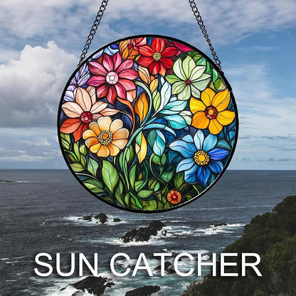 Stained Glass Window Hanging Colorful Flowers and Green Plants 9.8" - Suncatcher Door Garden Sun Catcher Home Decor Birthday Christmas for Mom Men Woman Nana Friend