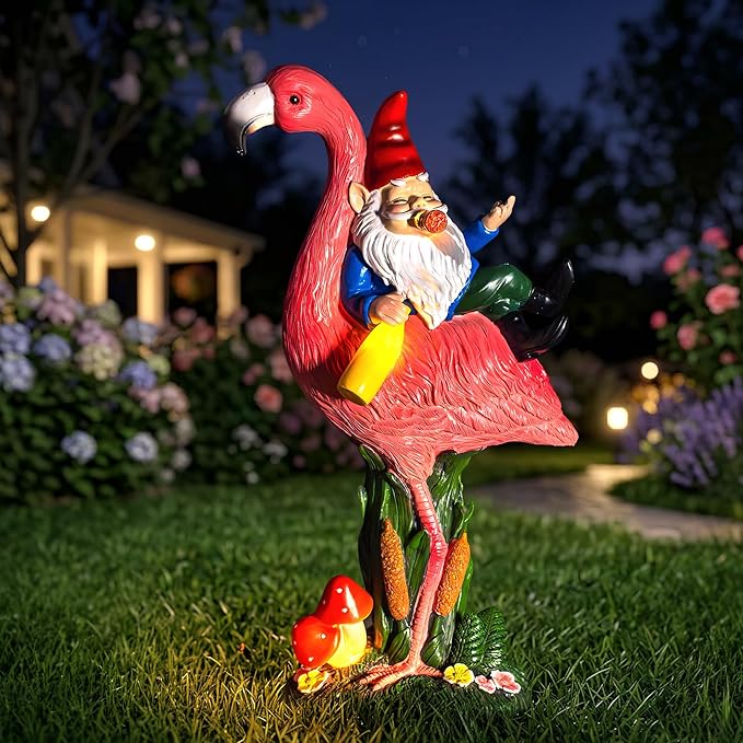 Candieslife Funny Garden Gnome Riding Flamingo Statue - Solar Powered LED Light Up Yard Art, Weatherproof Outdoor Lawn Ornament Decor for Patio Porch Lawn, Housewarming Birthday Gift for Men Women