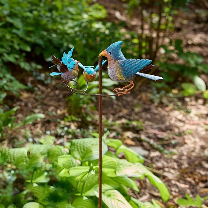 Red Carpet Studios Garden Art Balance Rocker Metal Garden Stake Yard Décor, 49” Tall, Bluebird Family with Baby Blue Birds