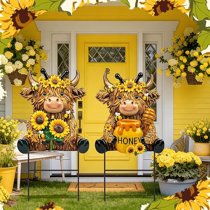 Amyhill 2 Pcs Highland Cow Outdoor Decor, Sunflower Bee Metal Garden Stakes, Honey Themed Yard Signs for Spring Summer, Patio Lawn Walkway Decorations, Cute Cow Gifts for Garden Lovers