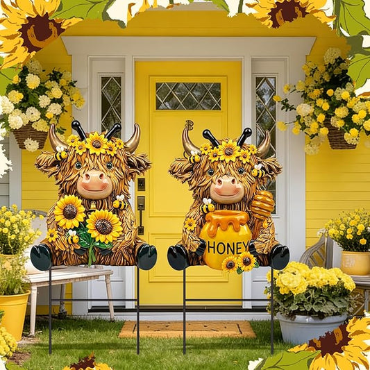 Amyhill 2 Pcs Highland Cow Outdoor Decor, Sunflower Bee Metal Garden Stakes, Honey Themed Yard Signs for Spring Summer, Patio Lawn Walkway Decorations, Cute Cow Gifts for Garden Lovers