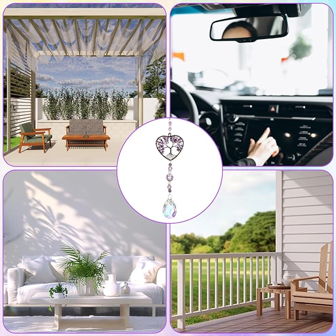 Molain Tree of Life Crystal Suncatcher, Hanging Purple Sun Catcher for Windows Elegant Purple Sun Catcher Crystals Ornament Heart Shaped Crystal Ball Prism Drop Pendant for Garden Decor Crystal Gifts
