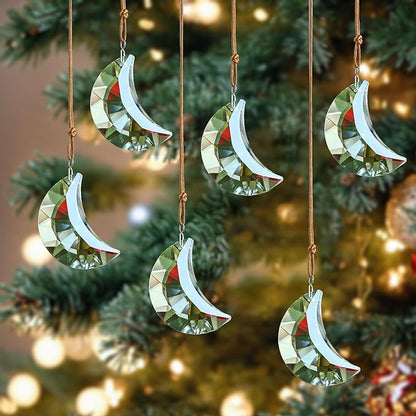 Set of 6 Crystal Glass Hanging Ornaments Clear Faceted Crystal Moon Prisms Ornaments for Window Home Car Wedding Party Decor