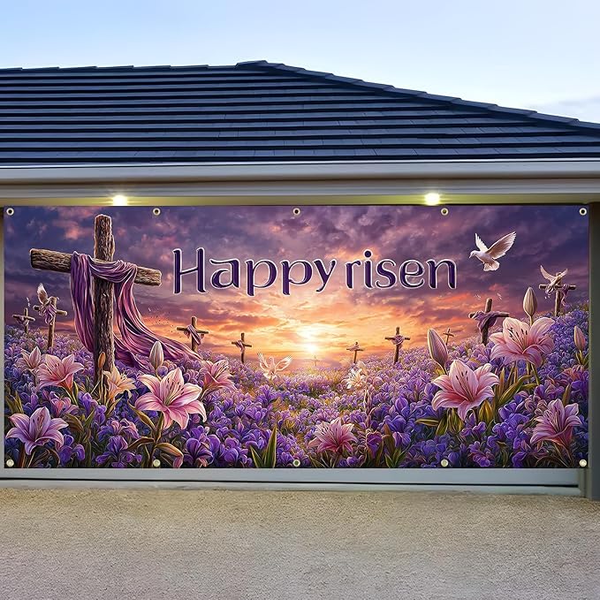 Easter Garage Door Banner Cover, Easter Cross Flowers Spring Party Backdrop Decor, Garage Door Cover For Outdoor Yard Holiday Decoration
