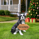 Outdoor Boston Terrier Dog Statue with Interchangeable Welcome Sign and Detachable Solar Lantern –LED Light Garden Dog Sculpture Décor Garden Statue Outdoor Dog Statue for Yard Gift