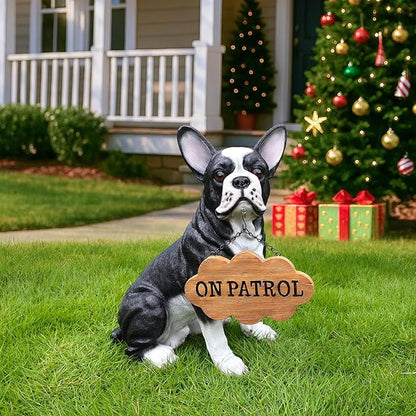Outdoor Boston Terrier Dog Statue with Interchangeable Welcome Sign and Detachable Solar Lantern –LED Light Garden Dog Sculpture Décor Garden Statue Outdoor Dog Statue for Yard Gift