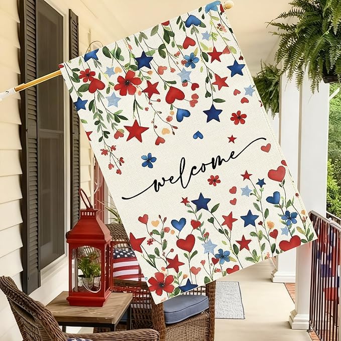 Baccessor Patriotic 4th of July House Flag 28x40 Inch Double Sided Burlap,Memorial Day Welcome American Red and Blue Flower Large Flag Summer Holiday Porch Patio Seasonal Outdoor Outside Decoration