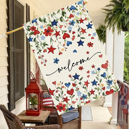 Baccessor Patriotic 4th of July House Flag 28x40 Inch Double Sided Burlap,Memorial Day Welcome American Red and Blue Flower Large Flag Summer Holiday Porch Patio Seasonal Outdoor Outside Decoration
