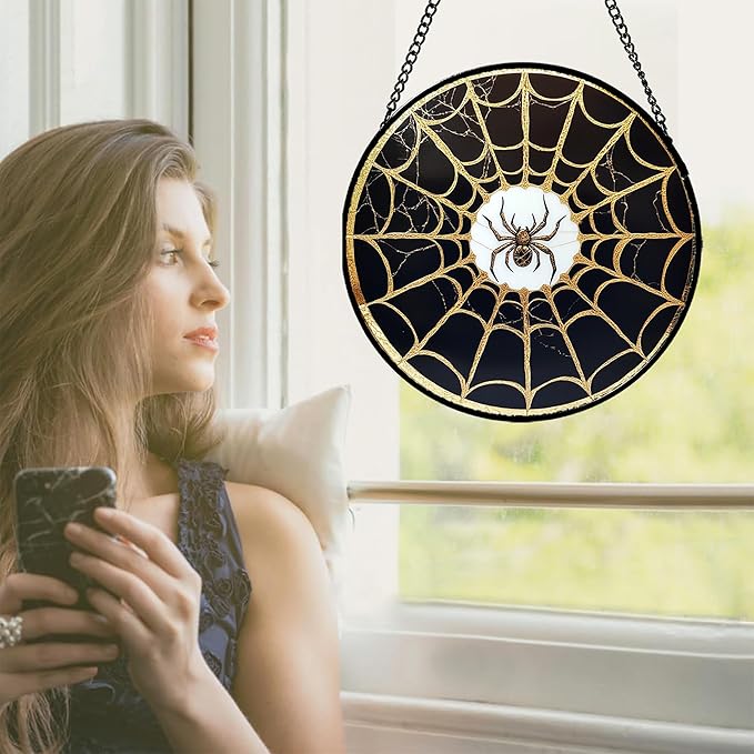 Stained Glass Window Hanging - Black Gold Spider Suncatcher for Door Terrace Garden Home Decor Halloween Sun Catcher Christmas Birthday Gifts for Lovers Women Men Dad Mom Nana 15 in
